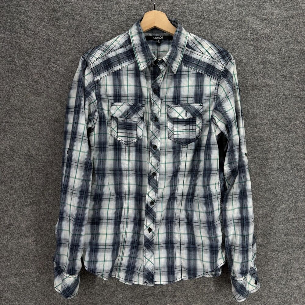 Carbon Shirt Men S Small White PLaid Button Up Collared Long Sleeve Pockets